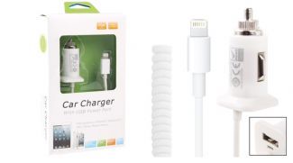 Car Charger Apple iPhone 5,  iPad Mini,  iPod,  3.1Amp,  5V,  plus USB Plug 1A,  White