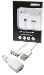 Car Charger Apple iPad, iPhone, iPod,  USB Charger and Cable Complete, White,  Apple Certified.