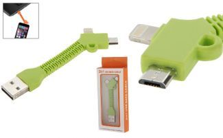 2 in 1, Data Charging Cable USB to Micro & 8 Pin Lightning Connector, Suits Apple, Blackberry, LG, Motorola,  Samsung, (7cm Long,  Green)