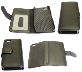 Book Style Leather Case for iPhone 5C, Black with Credit Card Slots and License Window