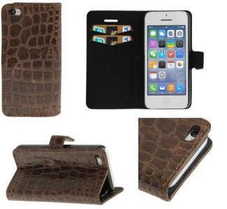 Book Style Leather Case for iPhone 5C, Crocodile Skin Brown with Credit Card Slots.