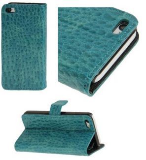 Book Style Leather Case for iPhone 5C, Crocodile Skin Green with Credit Card Slots.