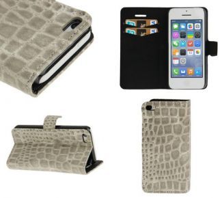 Book Style Leather Case for iPhone 5C, Crocodile Skin Grey with Credit Card Slots.